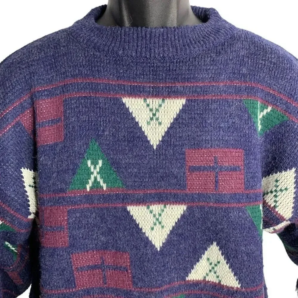 Vintage 80s Crewneck Pullover Knit Sweater L Blue Wool Blend Nautical